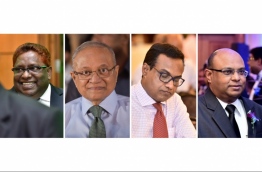 The four individuals being accused of bribery and conspiracy to overthrow the government: (From Left) Supreme Court Judge Ali Hameed, Former President Maumoon Abdul Gayyoom, Chief Judicial Administrator Hassan Saeed and Chief Justice Abdullah Saeed --