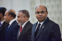 Chief Justice Abdulla Saeed pictured with other justices of the Supreme Court during a swearing-in ceremony of judges. PHOTO/MIHAARU