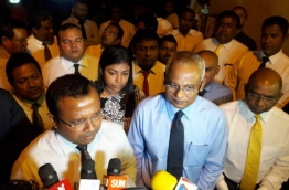 Opposition MP Ibrahim Solih (R) and MP Abdullah Riyaz speaking to the press after the extraordinary parliament sitting held Tuesday evening MIHAARU PHOTO / HUSSEN WAHEED
