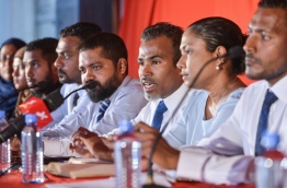 Lawyers at press conference regarding the parliament's decision to extend the state of emergency in the Maldives. PHOTO: NISHAN ALI/MIHAARU
