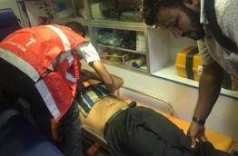 Abdullah Saleem, 43, being rushed to the hospital in an ambulance after being pepper-sprayed directly by police officers who were trying to clear out Jumhoory Party's main hub in Male, 'Kunooz', early on February 23, 2018. PHOTO / SOCIAL MEDIA