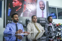 Lawyer Maumoon Hameed (C) along with the lawyers of Faris Maumoon and Mohamed Nadeem, speak at press conference regarding their clients' arrest and detention. PHOTO: NISHAN ALI/MIHAARU