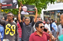 During the joint opposition protest on March 2, 2018. PHOTO: HUSSAIN WHAEED/MIHAARU