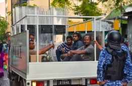 Opposition protestors in a police vehicle during the protest in the capital Male's main road 'Majeedhee Magu' on March 2, 2018. MIHAARU PHOTO / HUSSEN WAHEED