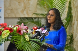 The head of Child Health at IGMH, Dr. Niyasha Ibrahim, speaks at ceremony held to mark World Birth Defects Day on March 3, 2018. PHOTO: HUSSAIN WAHEED/MIHAARU