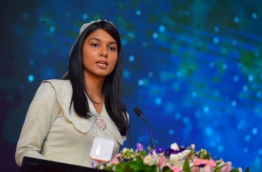 Minister of Gender and Family Zenysha Zaki speaking at the ceremony held on Internationals Women's Day on February 8, 2018. MIHAARU PHOTO / HUSSEN WAHEED