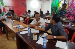 Kendhoo MP Hussein Ali (L) and former sports minister Maleeh Jamal (R) at the Jumhoory Party meeting on April 1, 2018 to discuss the party's manifesto for the upcoming presidential election slated for September 2018. PHOTO / JP