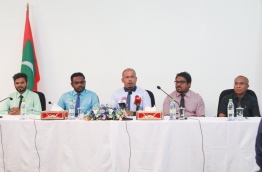 Members of the Elections Commission speaking at a press conference held April 12, 2018. MIHAARU PHOTO / HUSSEN WAHEED