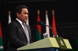 President Abdulla Yameen speaks at ceremony to celebrate 126th anniversary of MNDF. PHOTO: HUSSAIN WAHEED/MIHAARU