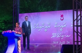 Progressive Party of Maldives (PPM) parliamentary group leader and Villimale MP Ahmed Nihan speaking at a campaign rally held at H. Dh. Ihavandhoo on April 26, 2018 --
