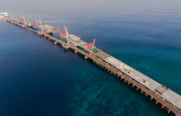 Aerial view of the China-Maldives Friendship Bridge being developed between Male and Hulhule. PHOTO/HOUSING MINISTRY