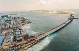Aerial view of the China-Maldives Friendship Bridge being developed between Male and Hulhule. PHOTO/HOUSING MINISTRY
