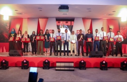 Paradise Island Resort, May 5, 2018: Winners of the Mihaaru Awards pose for a picture at the end of the ceremony. PHOTO/IMAGES.MV