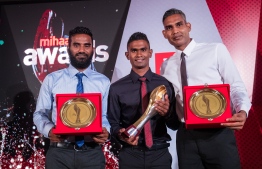 Paradise Island Resort, May 5, 2018: Football legend Ali "Dhagandey" Ashfaq (L), local record-breaking runner Ahmed Saaid (C). and volleyballer Ahmed "Longey" Abdul Kareem who won second place in Volleyball, pose for a picture. PHOTO/IMAGES.MV