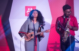 Paradise Island Resort, May 5, 2018: Detune Band's guitarist and lead female vocalist, Fathimath "Fezu" Fezleen", performs at the Mihaaru Awards. PHOTO/IMAGES.MV