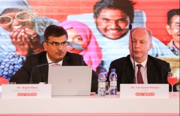 Ooredoo Maldives' CEO and Managing Director Najib Khan (L) at the company's AGM 2018. FILE PHOTO/MIHAARU