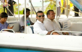 Former President Mohamed Nasheed pictured with the Hithadhoo-North MP Ahmed Aslam during the presidential election campaign in 2013. PHOTO/SOCIAL MEDIA