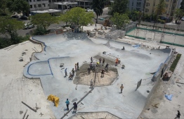 Hulhumale: Volunteers work to build the new Hulhumale Skatepark. PHOTO: MOHAMED AHSAN/RED BULL