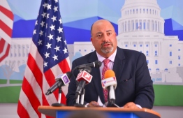 US Ambassador to Maldives, Atul Keshap, speaks at the opening of the American Centre in Male, Maldives. PHOTO/MIHAARU