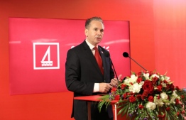 Bank of Maldives' CEO Andrew Healy speaking at a press conference.