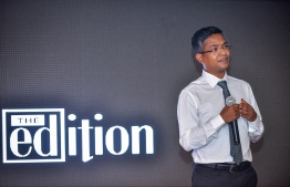 Hotel Jen, May 15, 2018: Vaail Zahir Hussain, the executive director of The Edition, speaks at the launching ceremony. PHOTO: NISHAN ALI