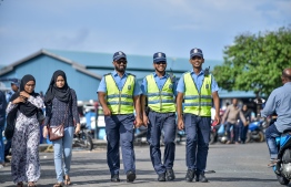Male City, May 16, 2018: Police officers on duty near the local market, on the first day of the Islamic holy month of Ramadan. PHOTO: NISHAN ALI/MIHAARU