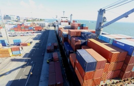 A cargo container docks at Male' Commercial Harbour. FILE PHOTO/MIHAARU