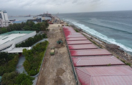 Overhead view shows the construction of Male's ring road connecting to the China-Maldives Friendship Bridge. PHOTO/HOUSING MINISTER MOHAMED MUIZZU