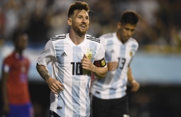 Argentina's Lionel Messi celebrates after scoring against Haiti during their international friendly football match at Boca Juniors' stadium La Bombonera in Buenos Aires, on May 29, 2018.  / AFP PHOTO / Eitan ABRAMOVICH