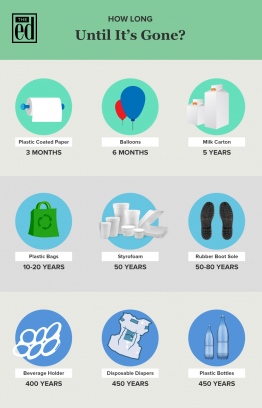Graphic depicting the average lifespan of various forms of plastic, many of which are strictly single-use products. IMAGE: SAFFU / THE EDITION