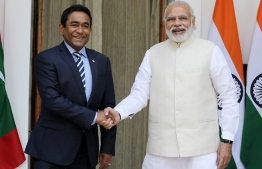 R to L: Prime Minister Narendra Modi and President Abdulla Yameen Abdul Gayoom during his meeting at Hyderabad New Delhi.