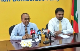 Maldivian Democratic Party's (MDP) Chairperson Hassan Latheef and the party's Secretary General Anas Abdul Sattar. PHOTO: MDP