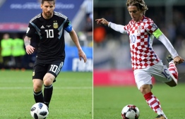 (COMBO) This combination of pictures created on June 19, 2018 shows Argentina's forward Lionel Messi in Moscow on June 16, 2018 (L) and Croatia's midfielder Luka Modric in Rijeka on October 6, 2017. 
Argentina will play Croatia in their Russia 2018 World Cup Group D football match at the Nizhny Novgorod Stadium in Nizhny Novgorod on June 21, 2018. / AFP PHOTO / Mladen ANTONOV AND STR