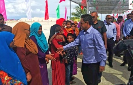 President Abdulla Yameen on an official visit to an island. PHOTO/PRESIDENT'S OFFICE