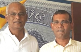 Former President Mohamed Nasheed (R) with the opposition coalition's presidential candidate Ibrahim Mohamed Solih (Ibu). 
