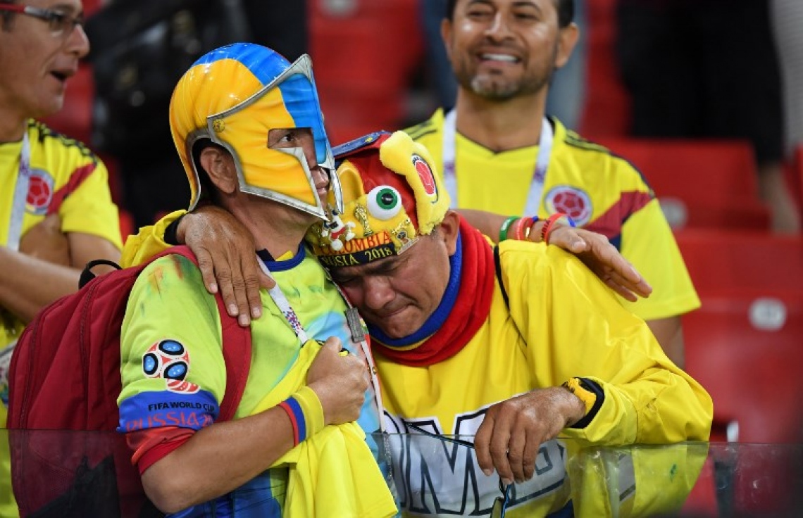 މޮސްކޯ: ޖުލައި 3، 2018: ވޯލްޑް ކަޕް ފުޓްބޯޅަ މުބާރާތުގައި އިންގްލެންޑް އާ ކޮލަމްބިއާ ކުޅުނު މެޗުގައި ކޮލަމްބިއާގެ ސަޕޯޓަރުންތަކެއް: ވޯލްޑް ކަޕް ފުޓްބޯޅަ މުބާރާތުގައި ޕެނަލްޓީ ޖަހައިގެން ކޮލަމްބިއާ އަތުން 4-3 އިން މޮޅުވެ އިންގްލެންޑް މުބާރާތުގެ ކުއާޓާ ފައިނަލުން ވަނީ ފުރުސަތު ހޯދައިފައި.-- ފޮޓޯ: އޭއެފްޕީ