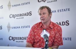 A+E Networks Asia's Director and Executive Producer Chris Humphrey speaks to the press about "Making Mega in Maldives", a new documentary series on the development of Crossroads in Emboodhoo lagoon. PHOTO: NISHAN ALI/MIHAARU