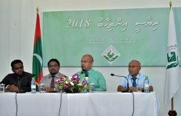 July 12, 2018: EC's President Ahmed Shareef (L) speaks to the press regarding the upcoming Presidential Election 2018. PHOTO: AHMED NISHAATH/MIHAARU