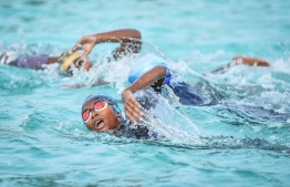 During the National Open Water Swimming competition held in K.Dhiffushi on July 20, 2018. PHOTO: NISHAN ALI/MIHAARU