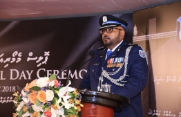 Acting Commissioner of Police, Abdulla Nawaz, speaks at ceremony held at Iskandhar Koshi in Male City, to commemorate Police Memorial Day 2018. PHOTO/POLICE