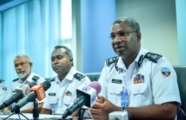 Customs' Chief Superintendent Ismail Hamdhoon (C) and Commissioner General Mohamed Junaid (R) speak to press about drug smuggling in Maldives. PHOTO: NISHAN ALI/MIHAARU