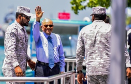 Former President Maumoon Abdul Gayoom being brought to the capital by Maldives Correctional Service for a court hearing.  PHOTO: AHMED NISHAATH/ MIHAARU