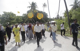 Hinnavaru MP Ibrahim "Ibu" Mohamed Solih accompanied by a procession of supporters during his campaign visit to Baa Atoll. PHOTO/MIHAARU