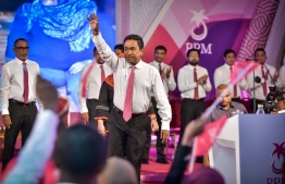 President Abdulla Yameen gestures at the PPM rally held July 29, 2018 to hand over the party's presidential ticket to him ahead of the elections slated for September 23. PHOTO: NISHAN ALI/MIHAARU