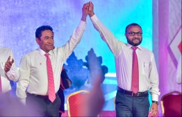 President Yameen and Dr.Shaheem at the special gathering held to present the party's presidential candidacy ticket. PHOTO: NISHAN ALI / MIHAARU