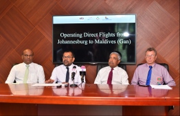 During the press conference held to announce direct flights from Johannesburg to Gan in Maldives. PHOTO: HUSSAIN WAHEED/MIHAARU