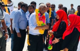 Ibrahim "Ibu" Mohamed Solih warmly received by residents of Madifushi during his campaign trip to Thaa Atoll. PHOTO/MIHAARU
