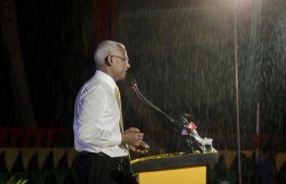 Opposition coalition's presidential candidate Ibrahim "Ibu" Mohamed Soli speaks at Thimarafushi during his campaign trip to Thaa Atoll. PHOTO/MIIHAARU