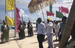 Opposition coalition's presidential candidate Ibrahim Mohamed Solih receives a traditional welcome at L. Isdhoo. PHOTO/MIHAARU