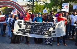 Participants at a protest demanding authorities to conduct a thorough investigation into journalist Ahmed Rilwan's disappearance. PHOTO: MIHAARU